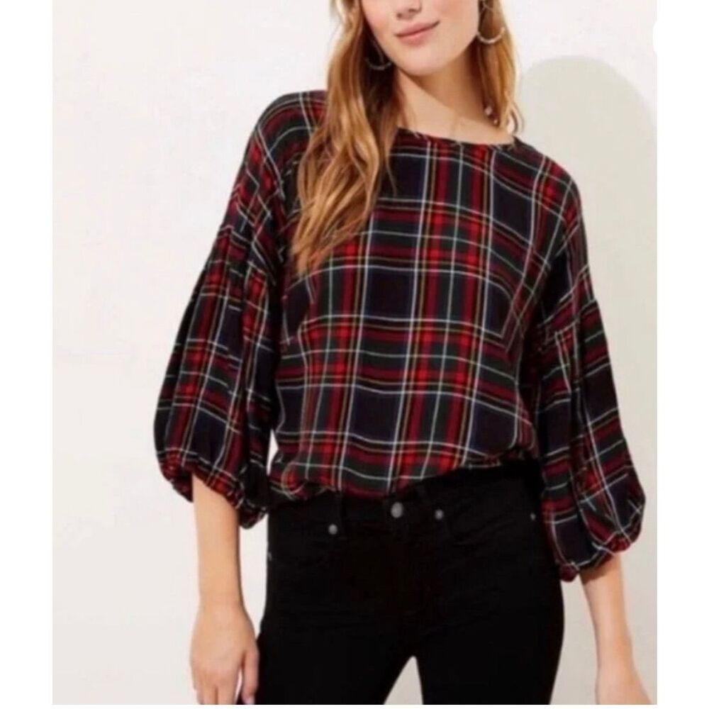 LOFT Tartan Plaid Button-Back Blouse Size XL Balloon Sleeve Holiday Top